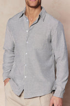 Men's Abilo Ecru/Navy striped shirt with open collar, chest pocket, and tailored fit.