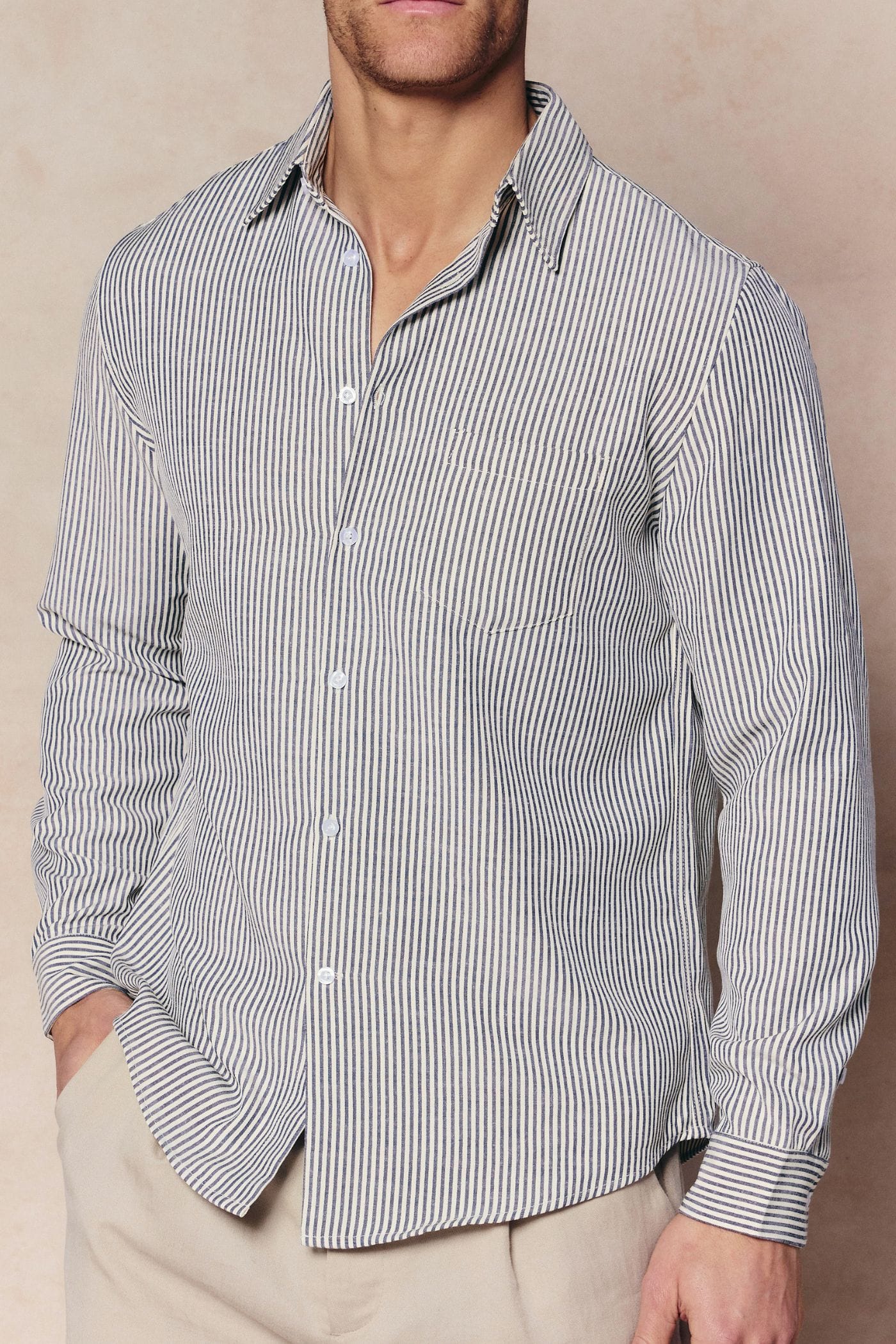 Men's Abilo Ecru/Navy striped shirt with open collar, chest pocket, and tailored fit.