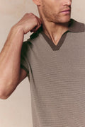 Men's Antonio brown/beige striped linen polo with contrast trim and open collar.