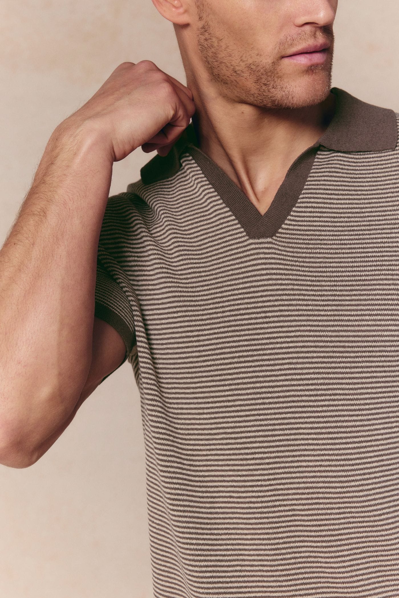 Men's Antonio brown/beige striped linen polo with contrast trim and open collar.