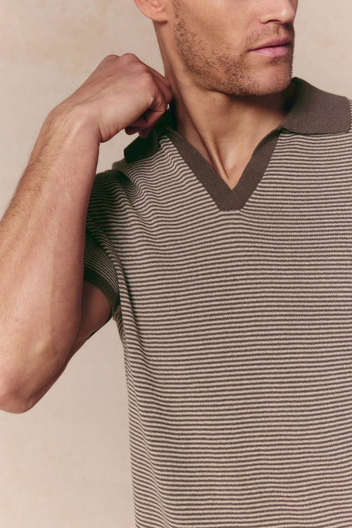 Men's Antonio brown/beige striped linen polo with contrast trim and open collar.