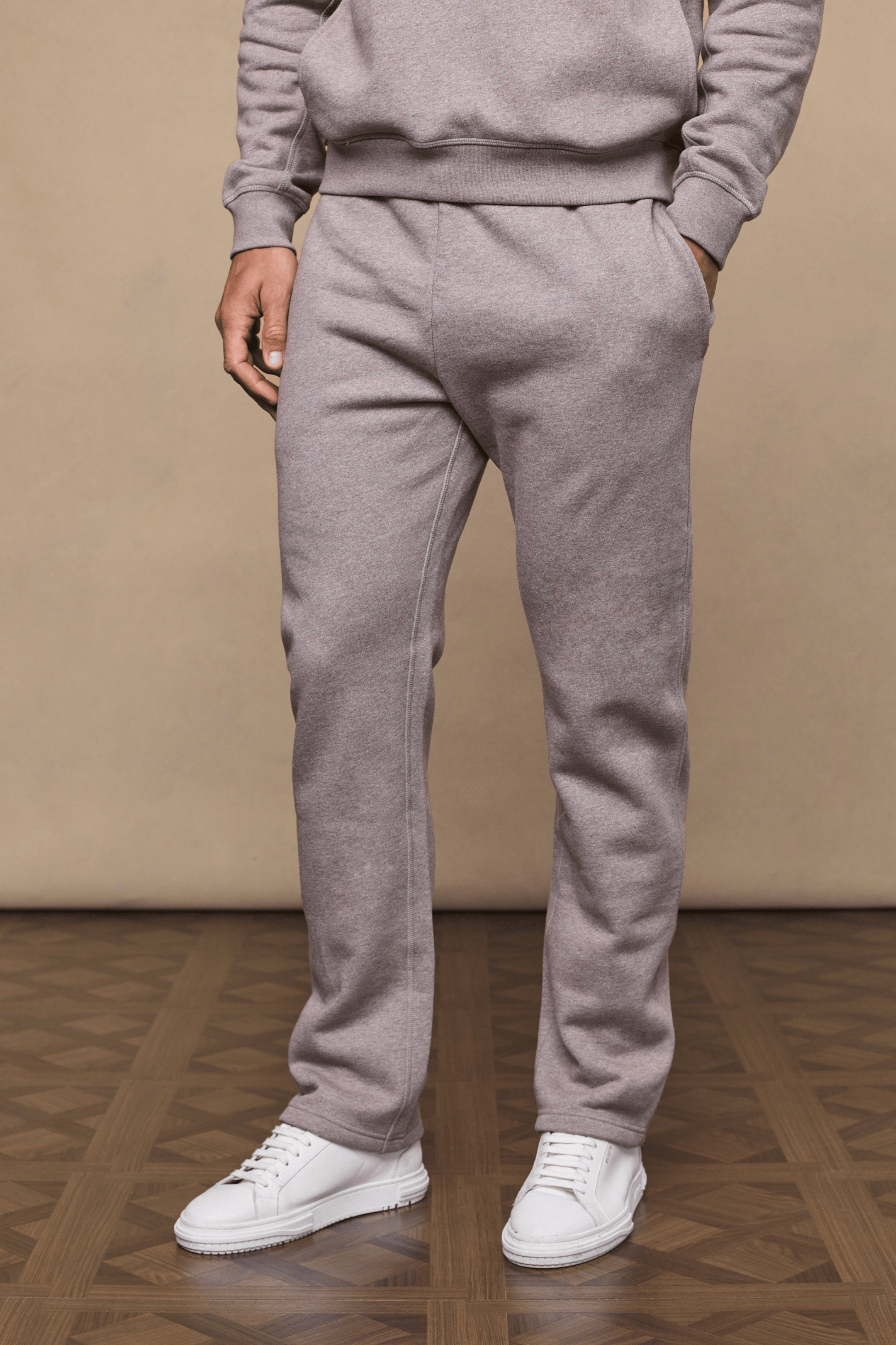 Axel Straight Leg Jogger in Brown Marl, crafted from heavyweight cotton-polyester blend, shown with matching hoodie.