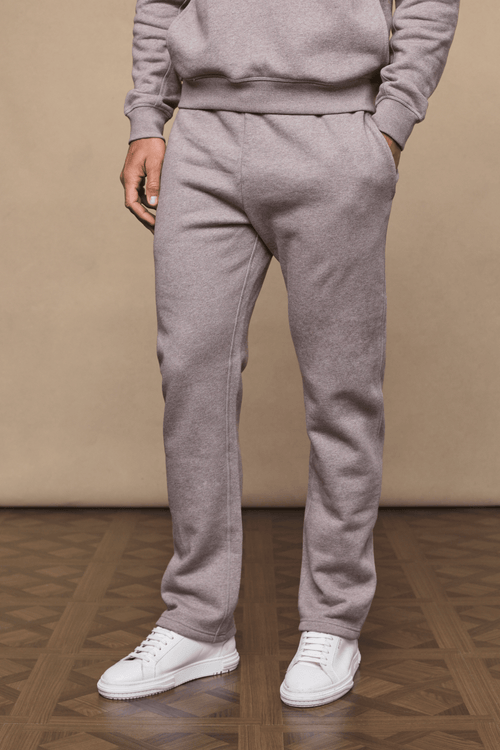 Axel Straight Leg Jogger in Brown Marl, crafted from heavyweight cotton-polyester blend, shown with matching hoodie.