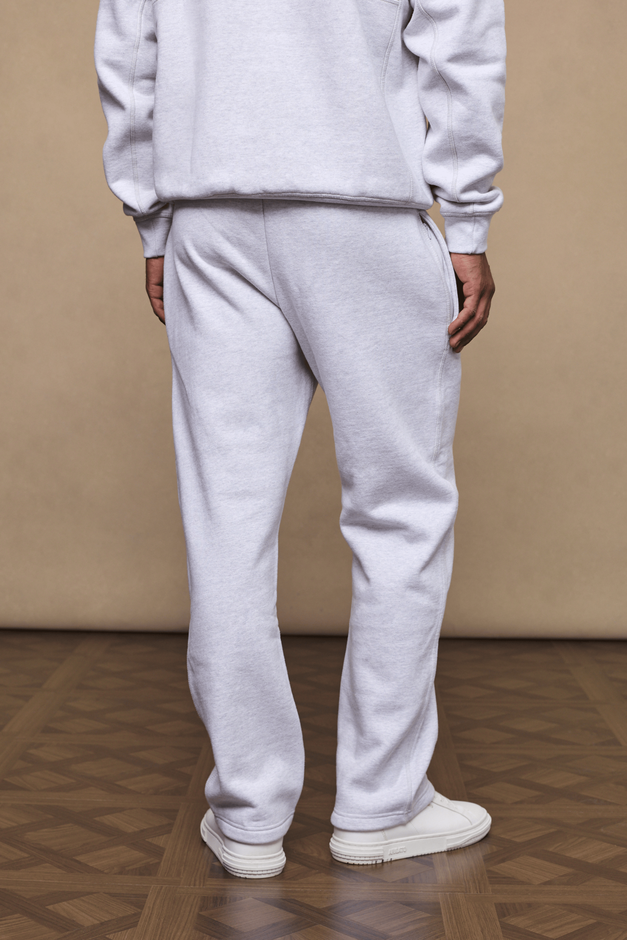 Axel Straight Leg Jogger in Stone Marl, crafted from heavyweight cotton-polyester blend with a soft fleece lining.
