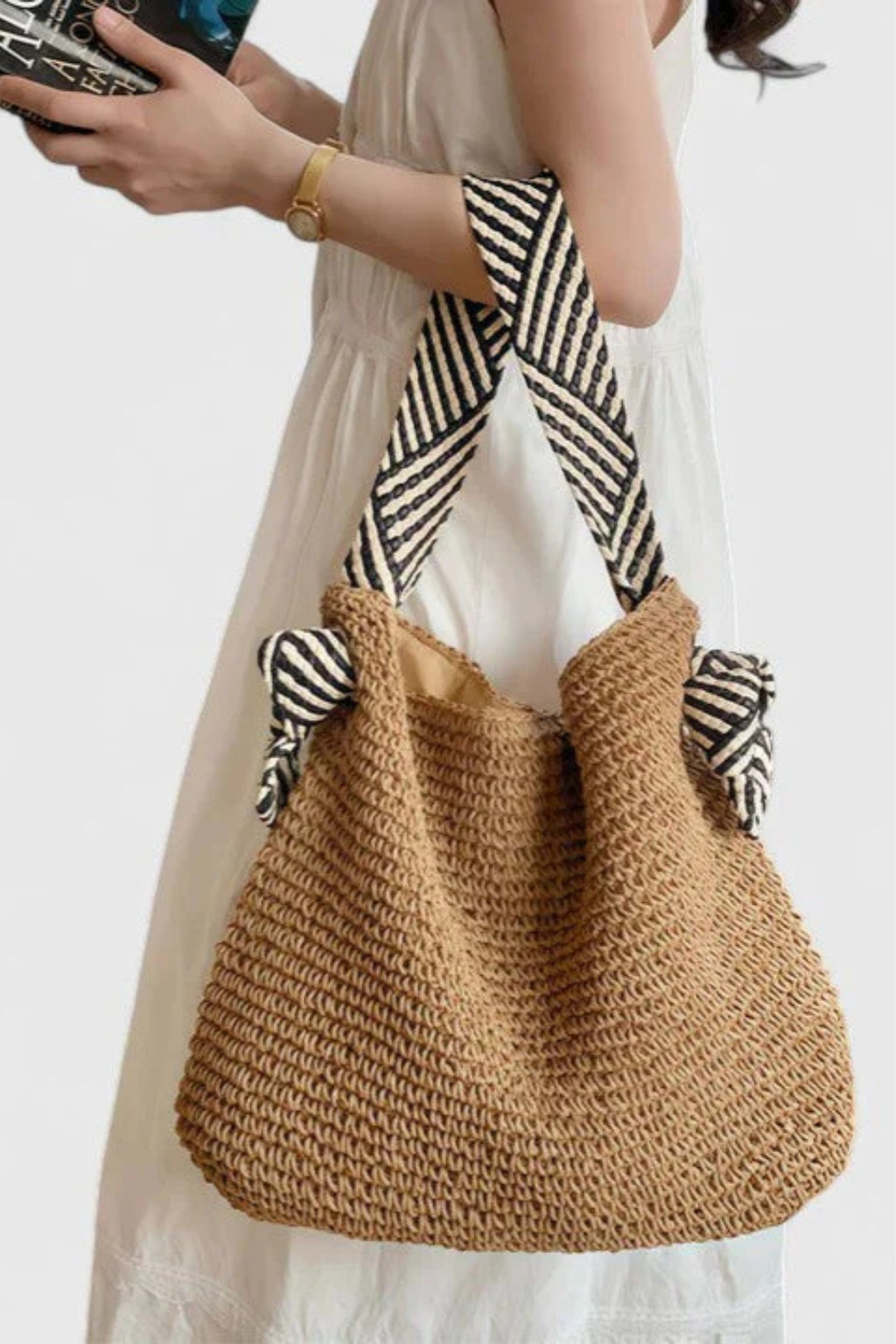 Briar | Women Woven Straw Contrast Strap Shoulder Tote Bag