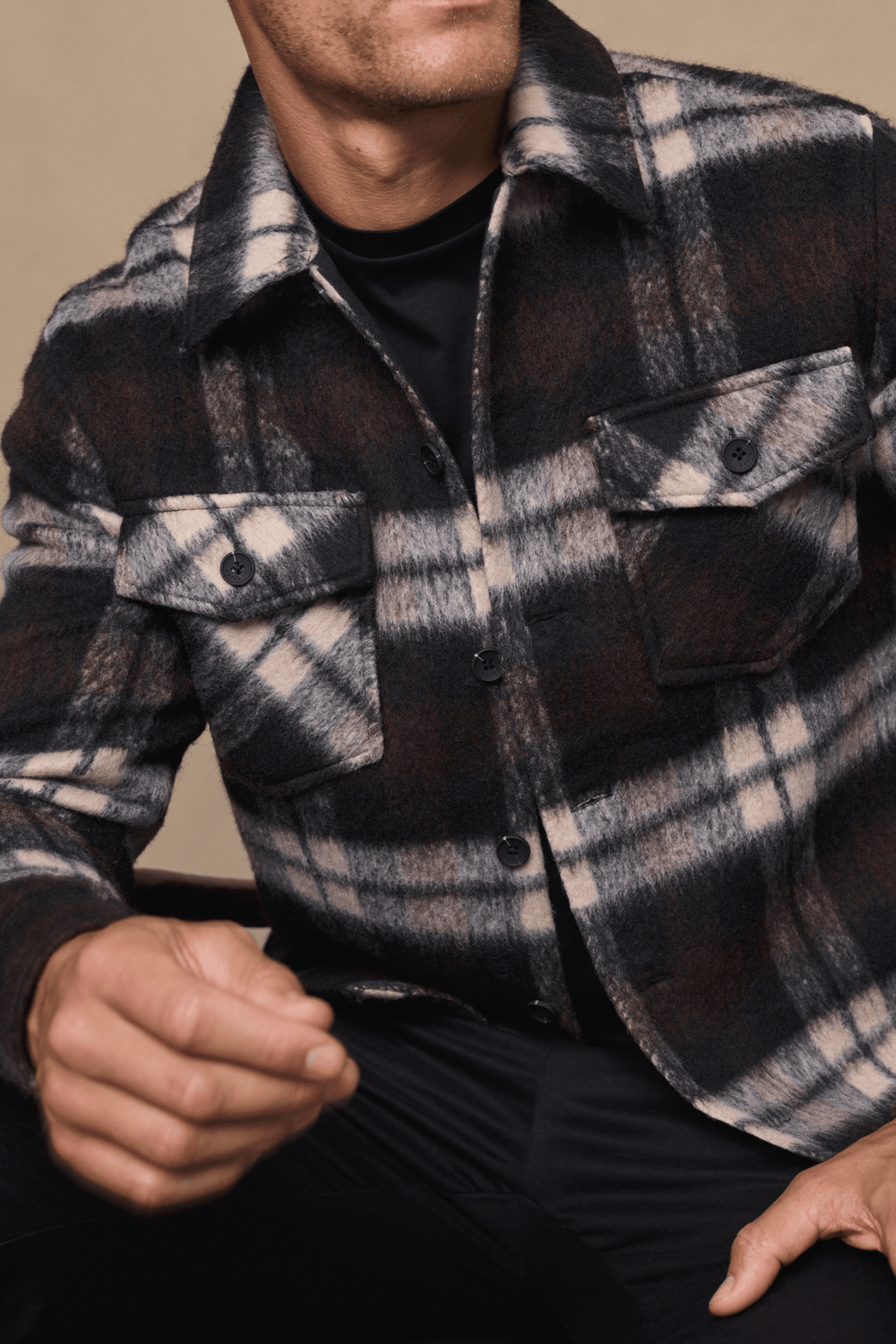 Caldera Brushed Wool Checked Jacket in brown/beige plaid, featuring a point collar and twin chest pockets.
