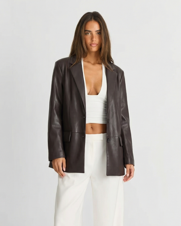 Classic Faux Leather Tailored Blazer Jacket
