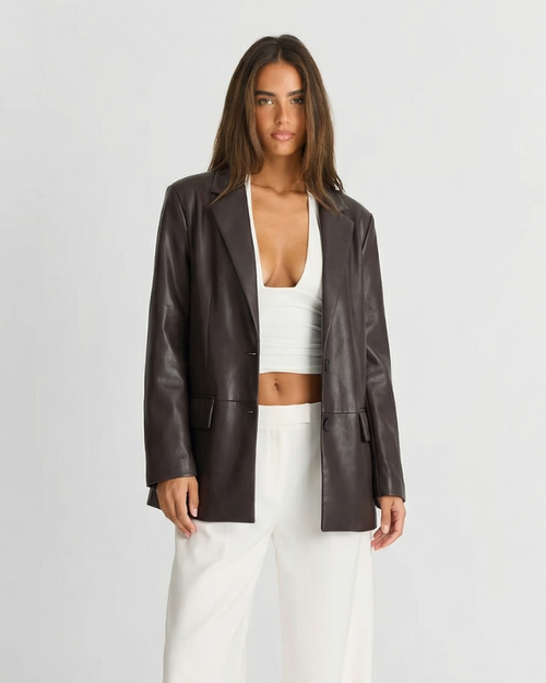 Classic Faux Leather Tailored Blazer Jacket