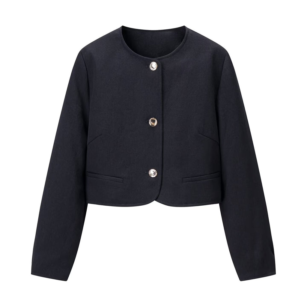 Cropped Collarless Button Jacket
