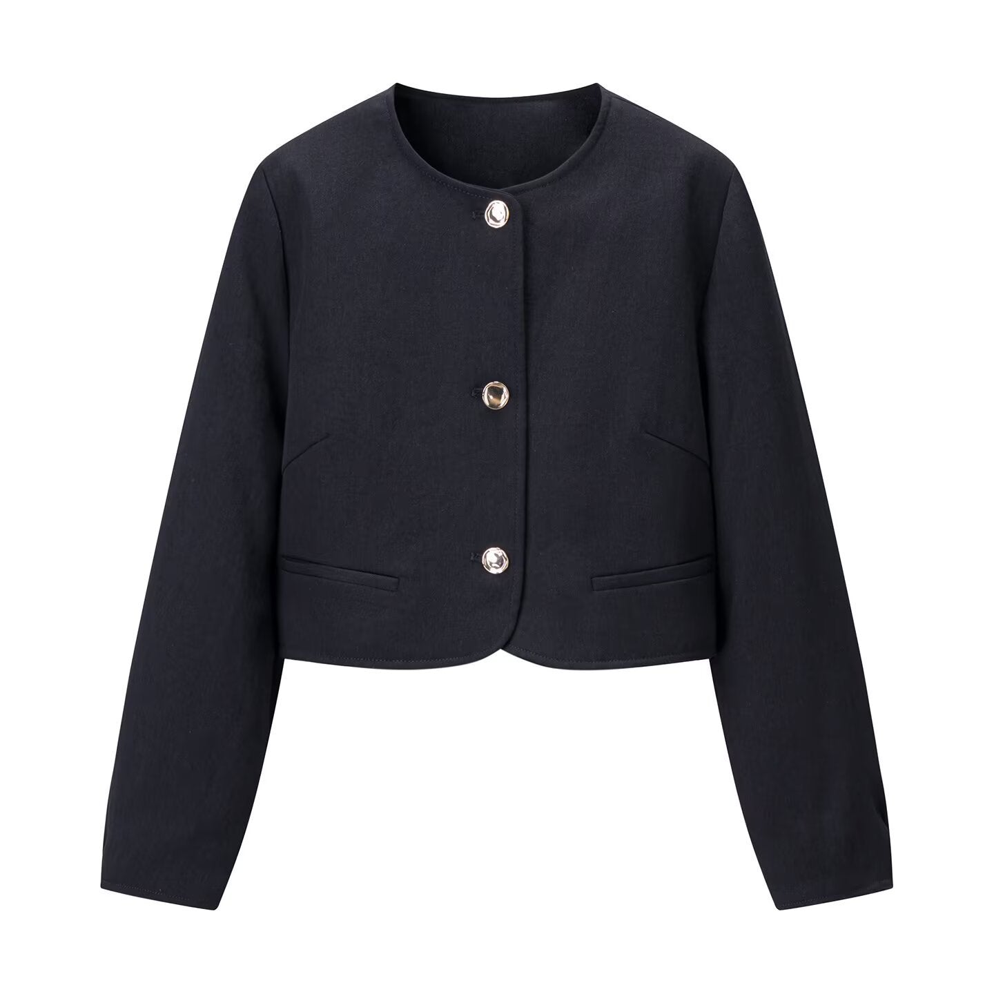 Cropped Collarless Button Jacket