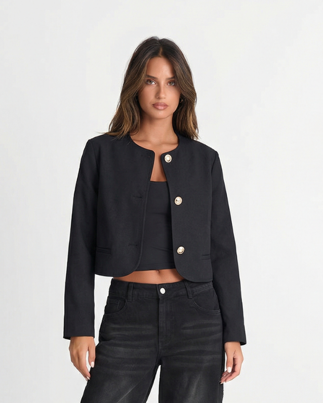 Cropped Collarless Button Jacket