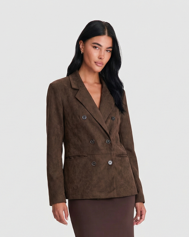 Double Breasted Suede Look Tailored Blazer