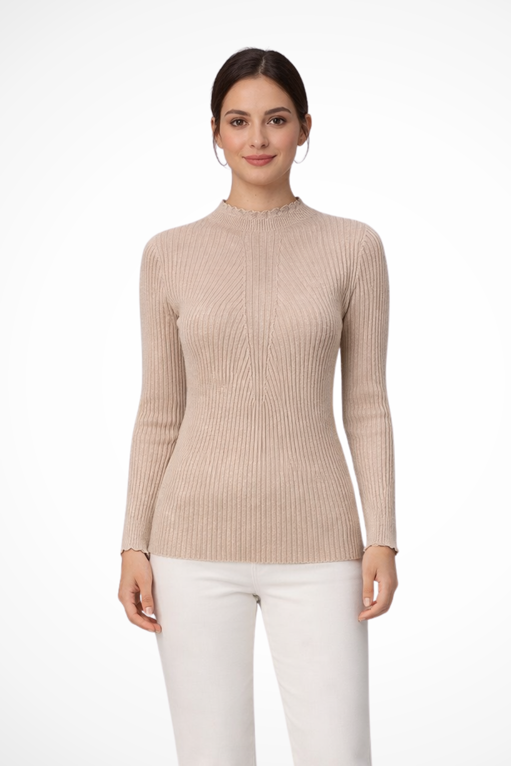Elvire | Women’s Ribbed Mock Neck Long Sleeve Knit Top in Pink