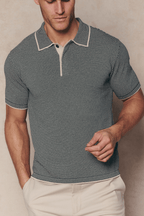 Men's Felipe beige/black striped linen polo with contrast hems and concealed half placket.