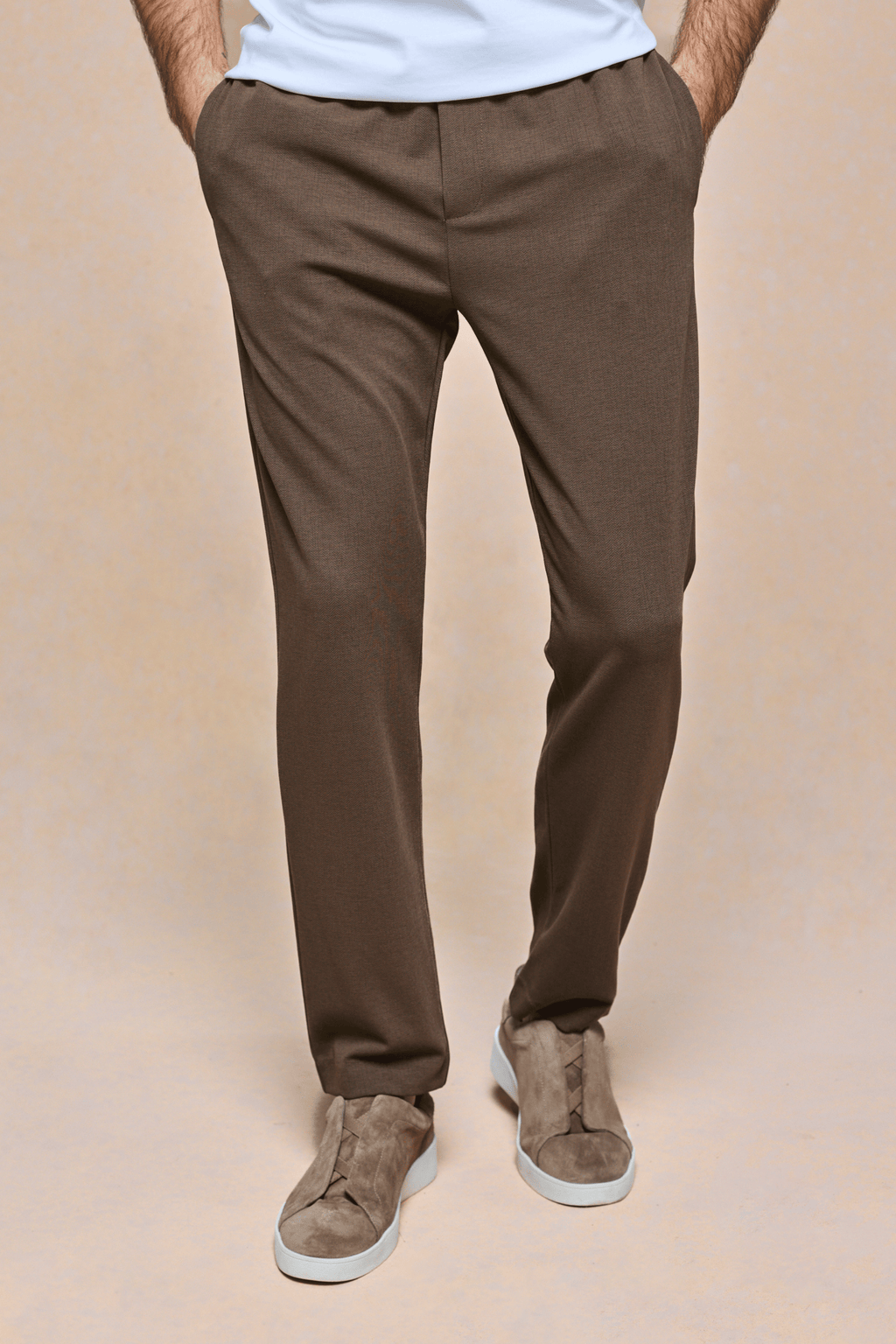 Brown Geneva Textured Tapered Trouser with elasticated waistband, side pockets, and a clean, tailored fit.