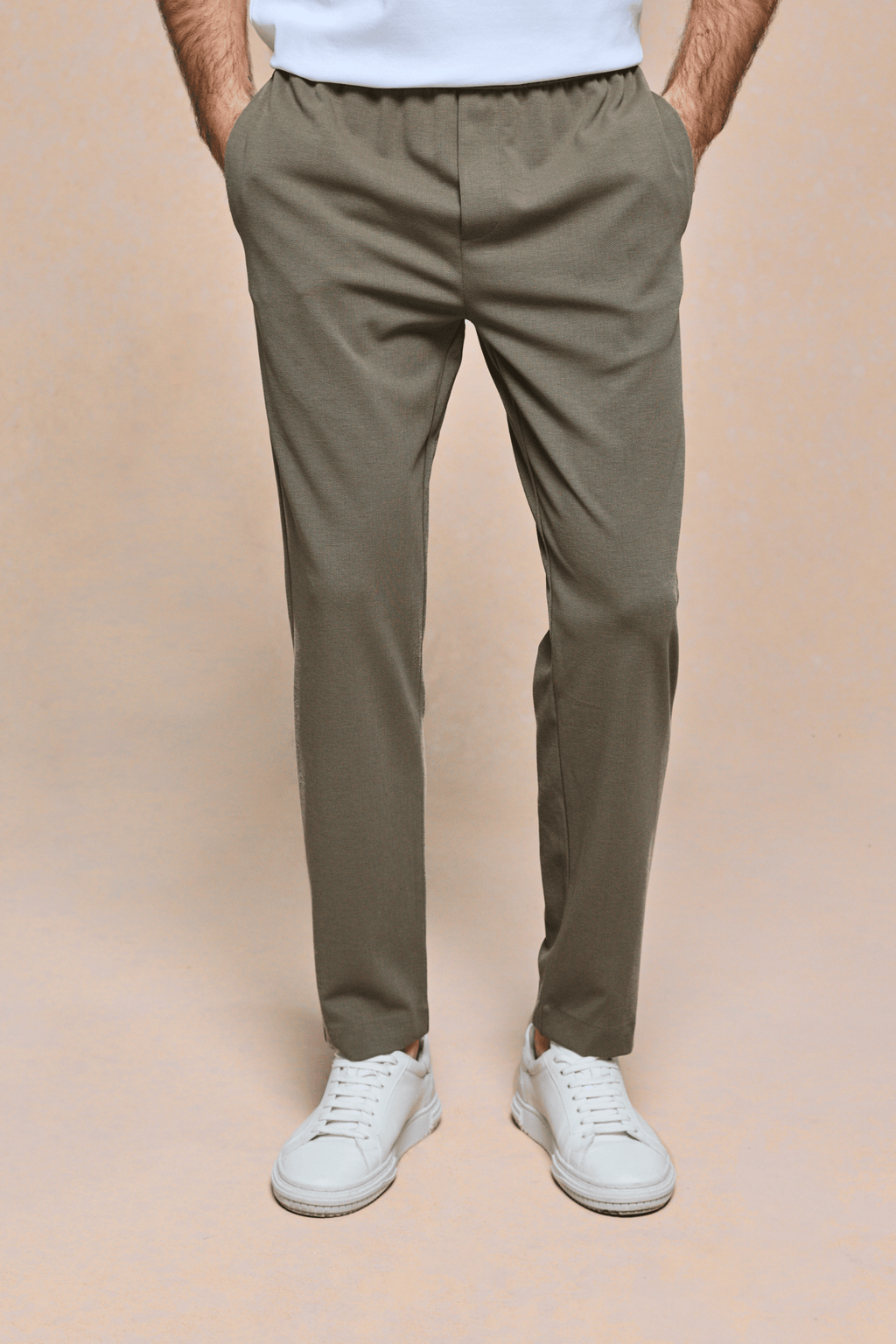 Khaki Geneva Textured Tapered Trouser with elasticated waistband, side pockets, and a clean, tailored fit.