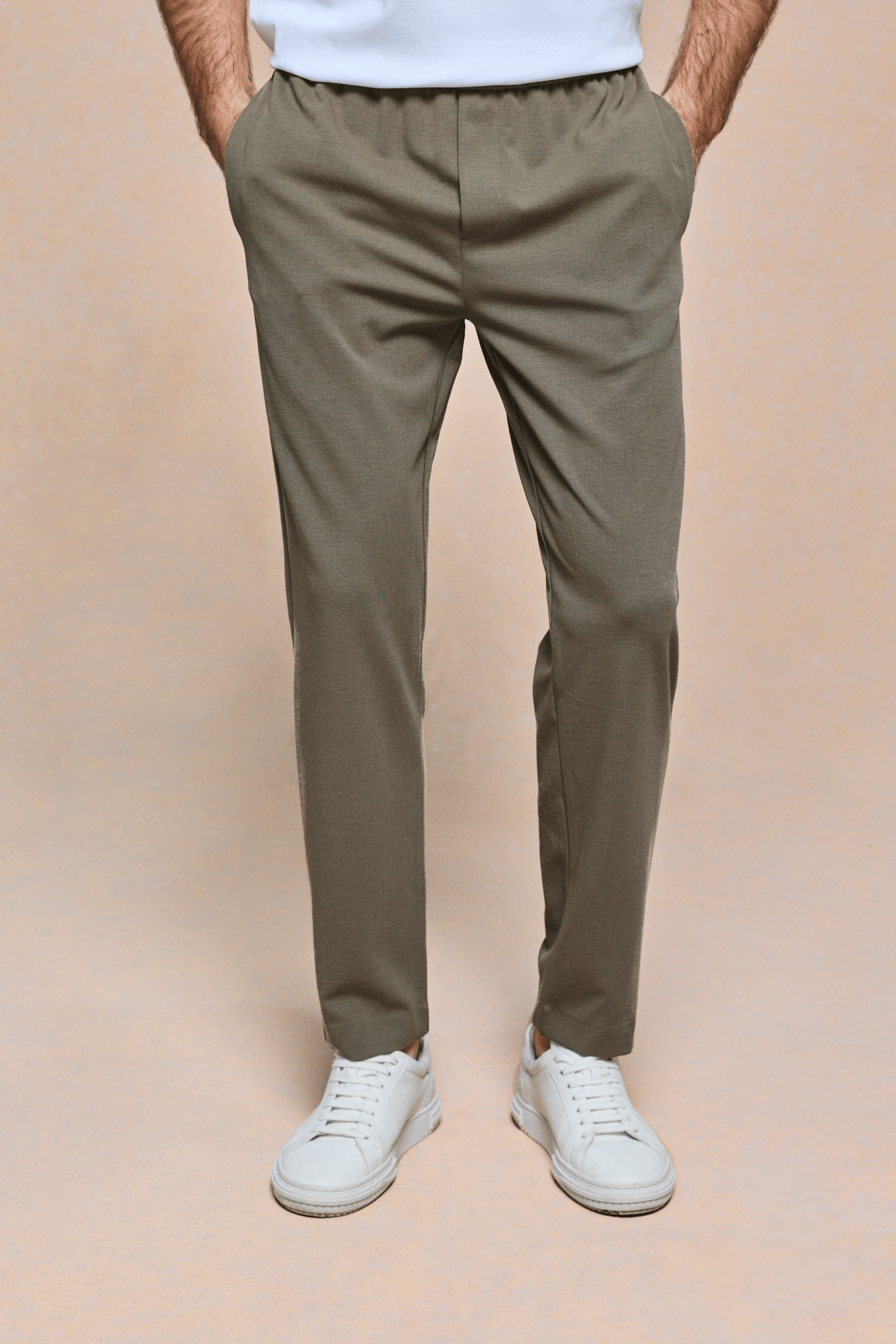Khaki Geneva Textured Tapered Trouser with elasticated waistband, side pockets, and a clean, tailored fit.