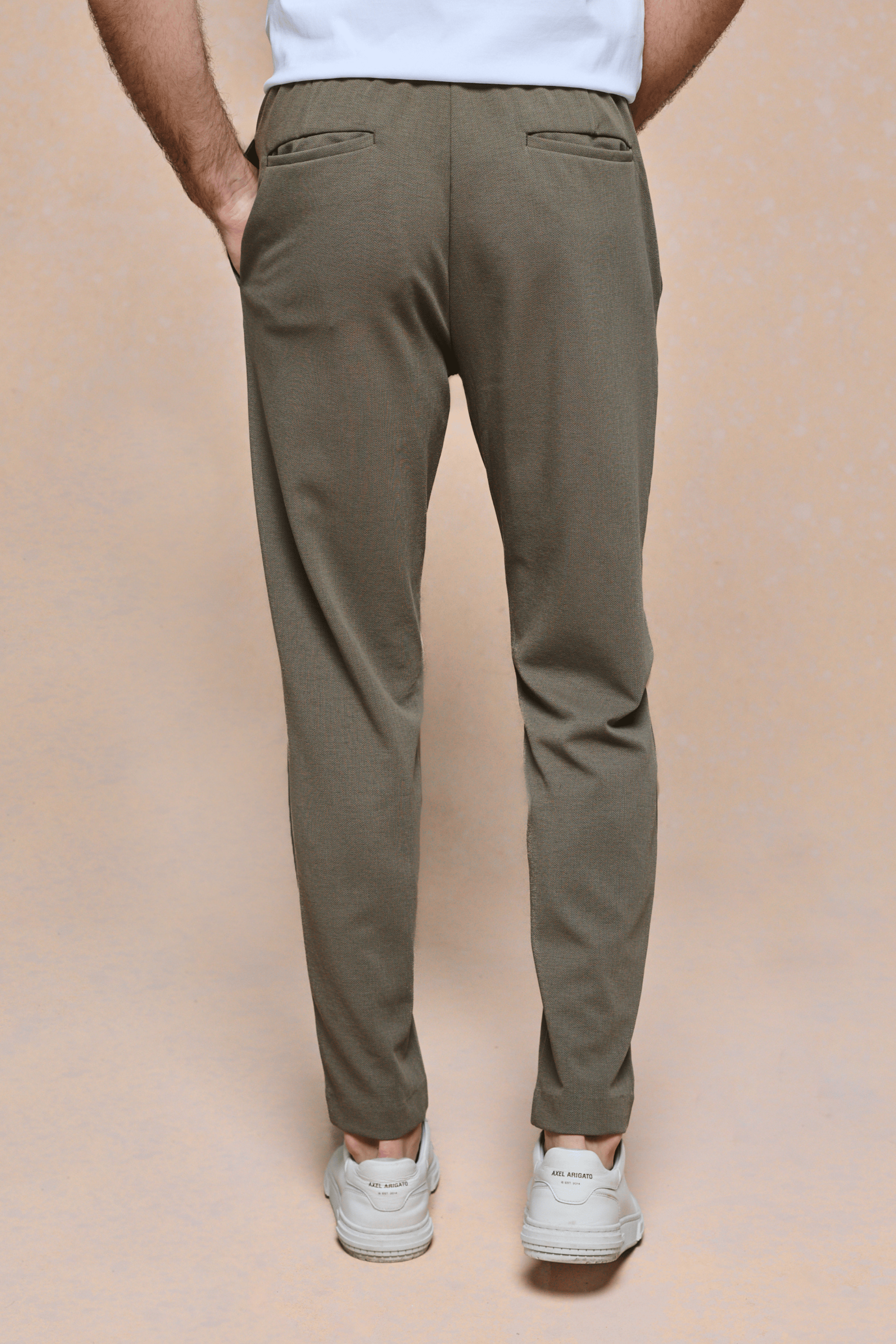 Back view of Geneva Khaki Textured Tapered Trouser with elasticated waistband and two back pockets.