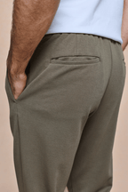Khaki Geneva Textured Tapered Trouser with elasticated waistband, side entry pockets, and back pocket.