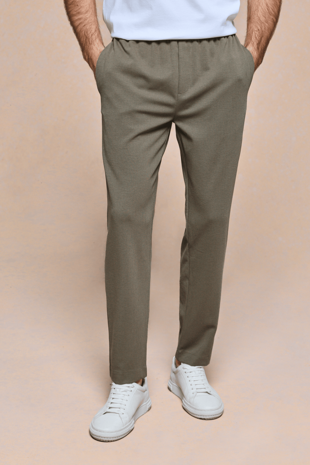 Men's Geneva Khaki Textured Tapered Trouser with elasticated waistband and side pockets.