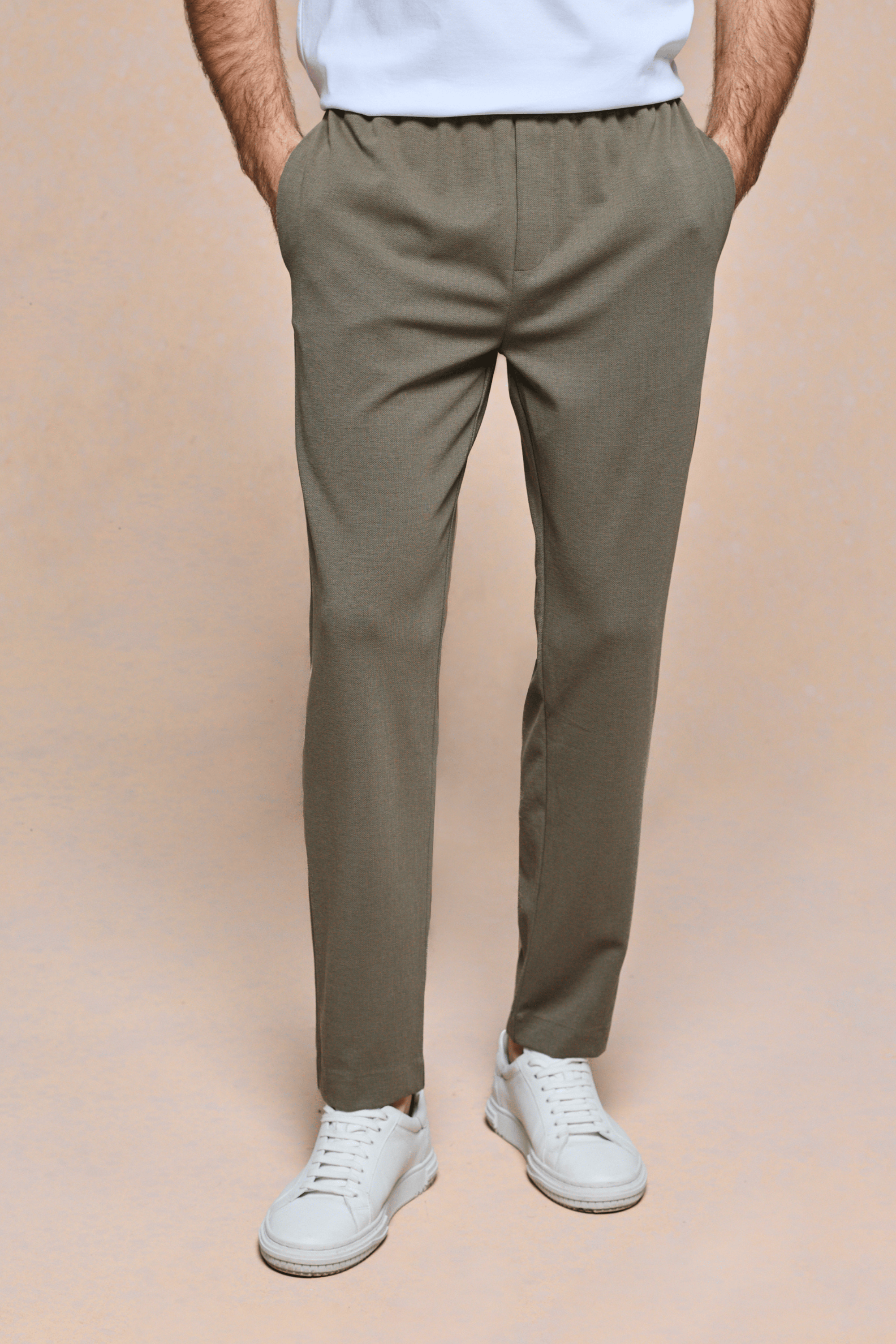 Men's Geneva Khaki Textured Tapered Trouser with elasticated waistband and side pockets.