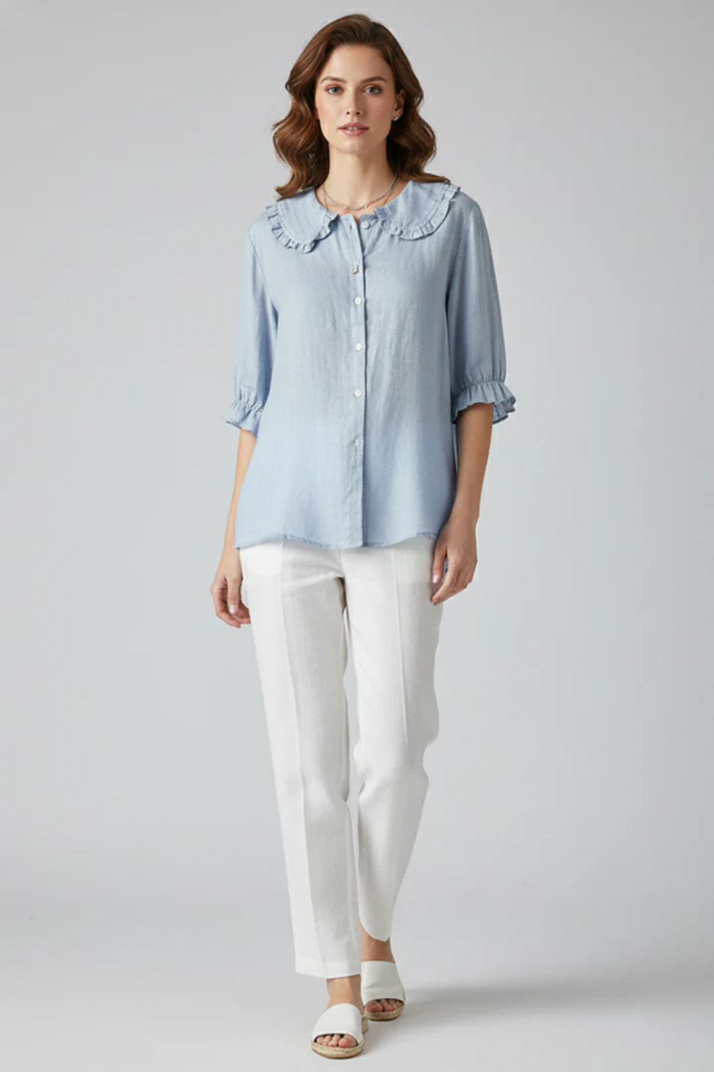 Harriet | Women Ruffle Collar Button Down Blouse with Frill Sleeves