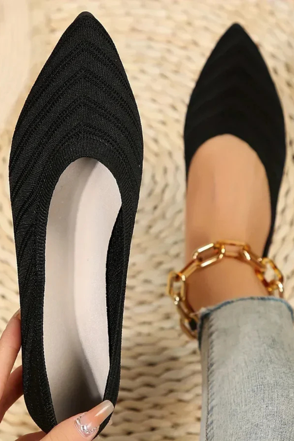 Henrietta | Women Pointed Toe Knit Slip On Ballet Flats