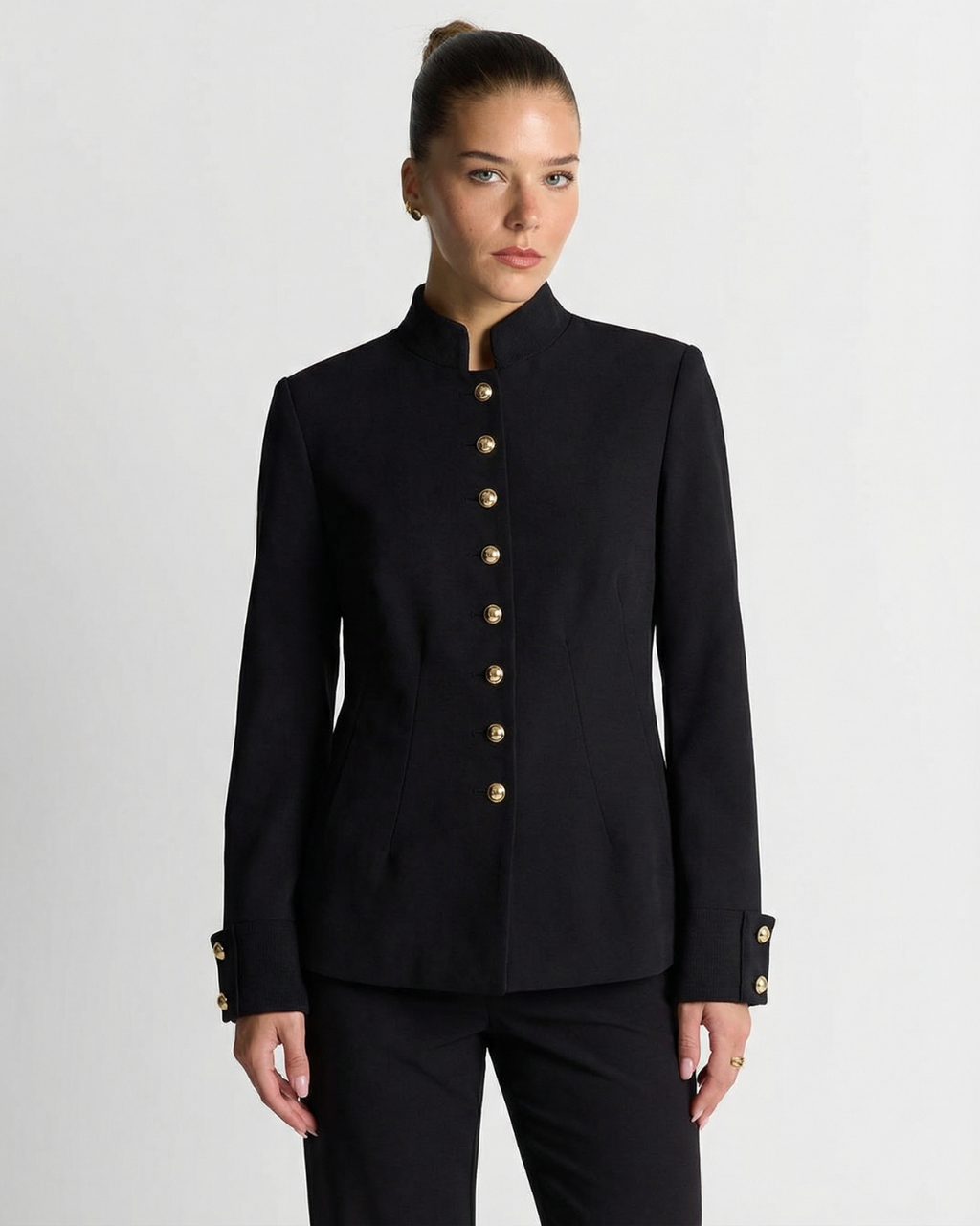 High Neck Gold Button Tailored Blazer