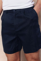 Navy Javier pleated waistband linen shorts with side pockets.