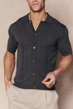 Men's Juan Button Thru Boucle Knit Striped Polo in Mushroom, dark gray with vertical stripes and full button-through front.