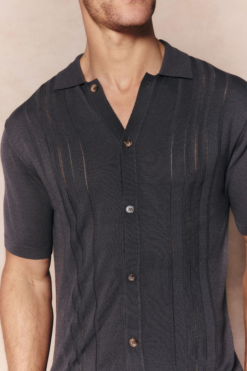 Men's Juan Button Thru Boucle Knit Striped Polo in Mushroom, featuring a full button-through front.
