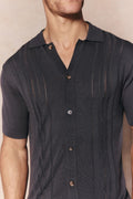 Men's Juan Button Thru Boucle Knit Striped Polo in Mushroom, featuring a full button-through front.