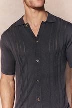 Men's Juan Button Thru Boucle Knit Striped Polo in Mushroom, featuring a full button-through front.