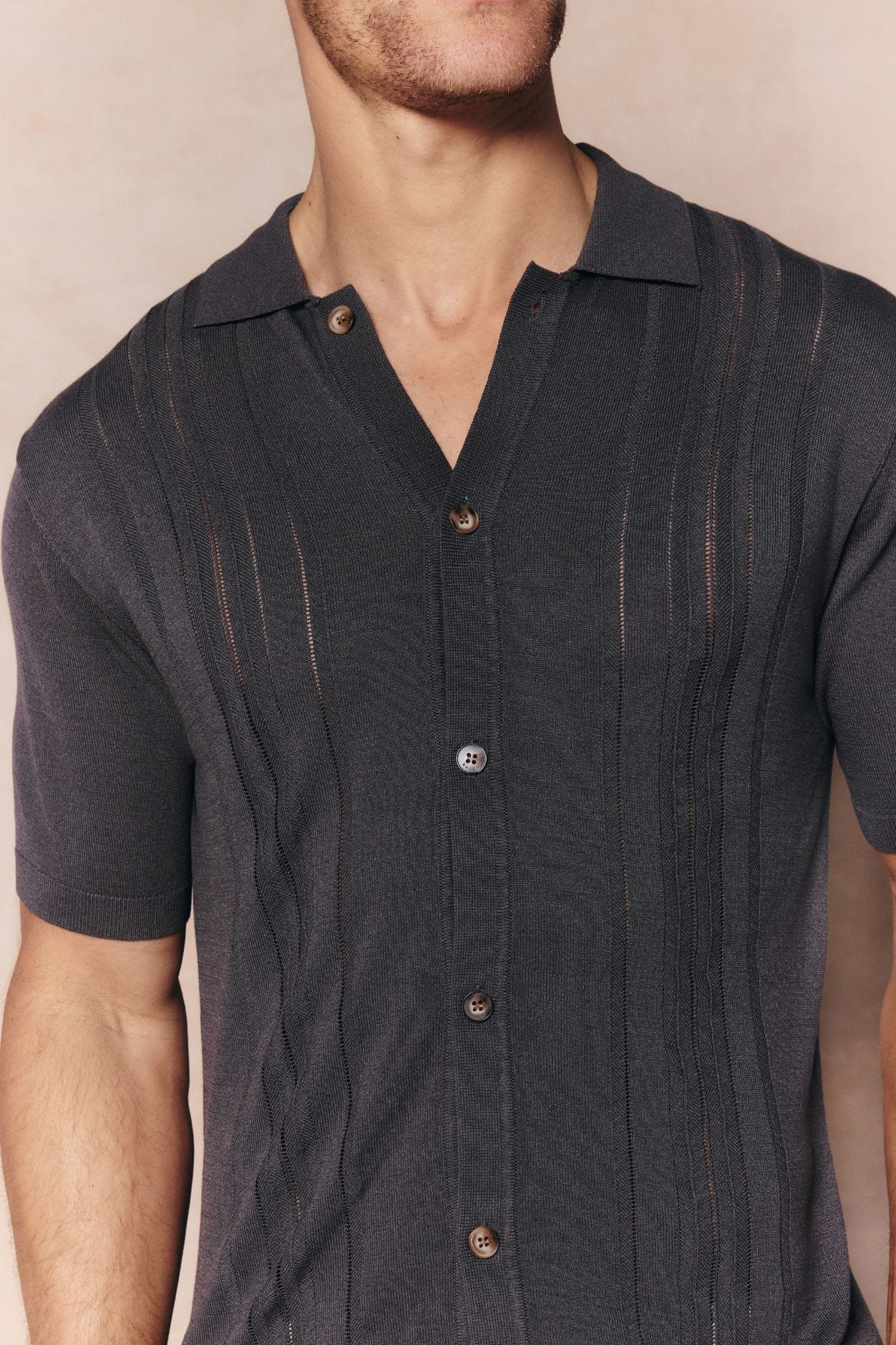 Men's Juan Button Thru Boucle Knit Striped Polo in Mushroom, featuring a full button-through front.