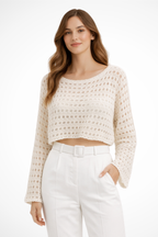 Lunara | Women Crochet Knit Long Sleeve Crop Top