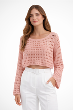 Lunara | Women Crochet Knit Long Sleeve Crop Top