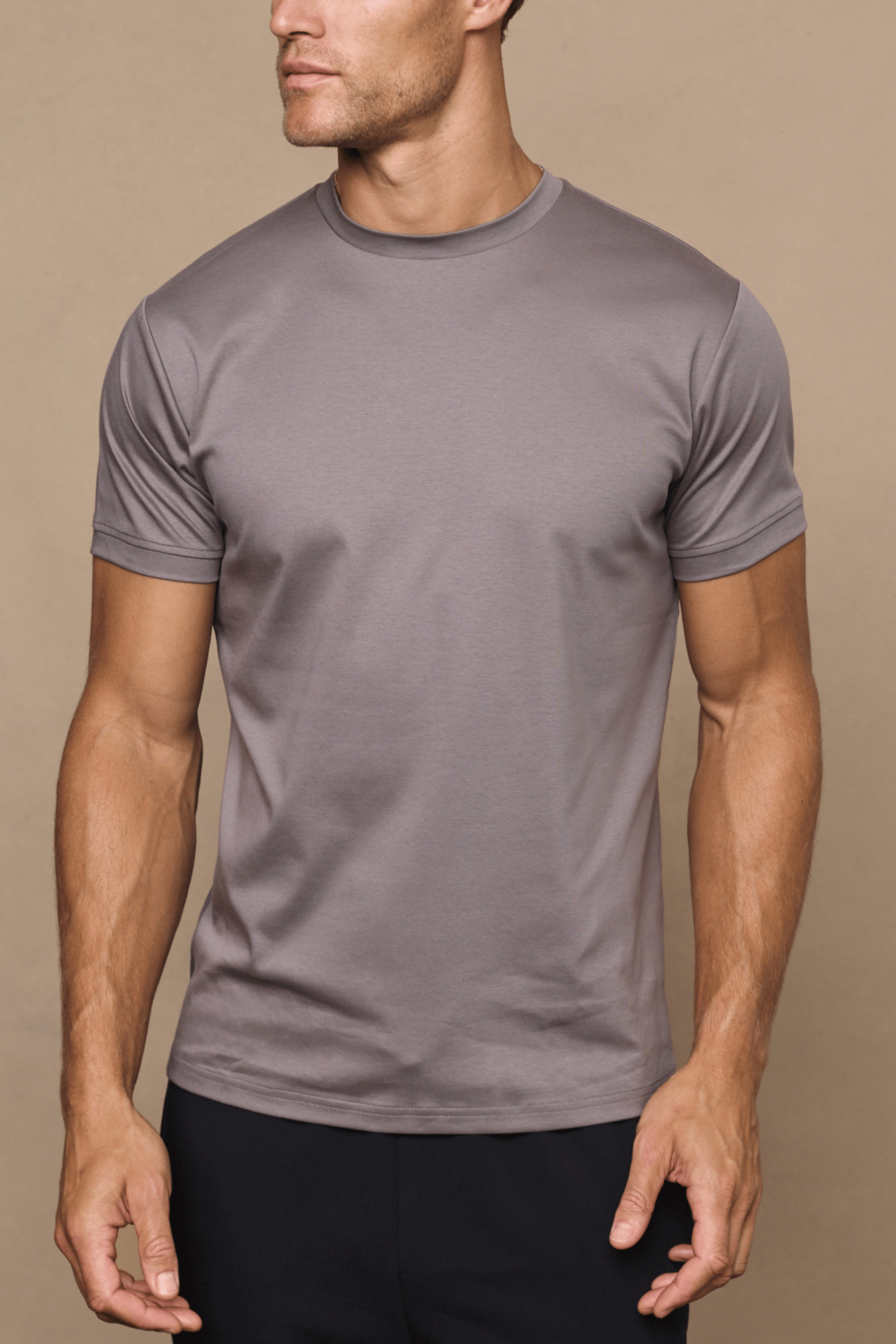 Men's Luxe Mercerised Cotton Crew-Neck T-Shirt in Mushroom, featuring a subtle sheen and short sleeves.