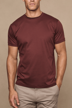Men's Luxe Mercerised Cotton Crew-Neck T-Shirt in Rust, paired with beige trousers.