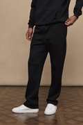 Black Luxe Straight Leg Jogger, made from soft 380gsm fabric, with side pockets and a subtle sheen.