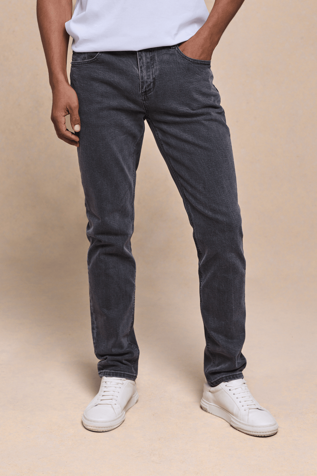 Men's Marco Washed Grey straight-slim fit denim jeans with a leather back patch and branded hardware.