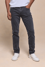 Men's Marco Washed Grey straight-slim fit denim jeans with a leather back patch and branded hardware.