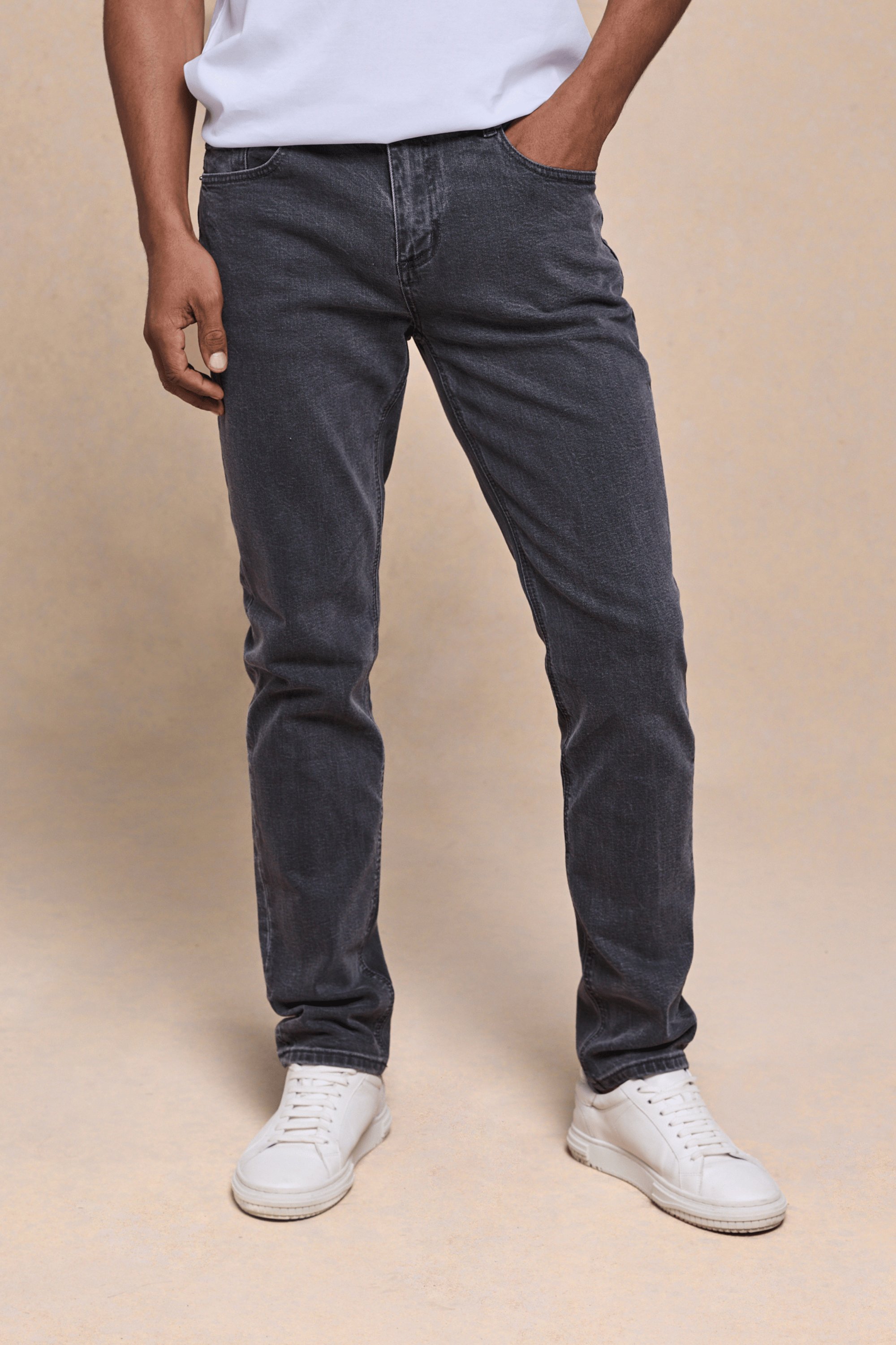 Men's Marco Washed Grey straight-slim fit denim jeans with a leather back patch and branded hardware.