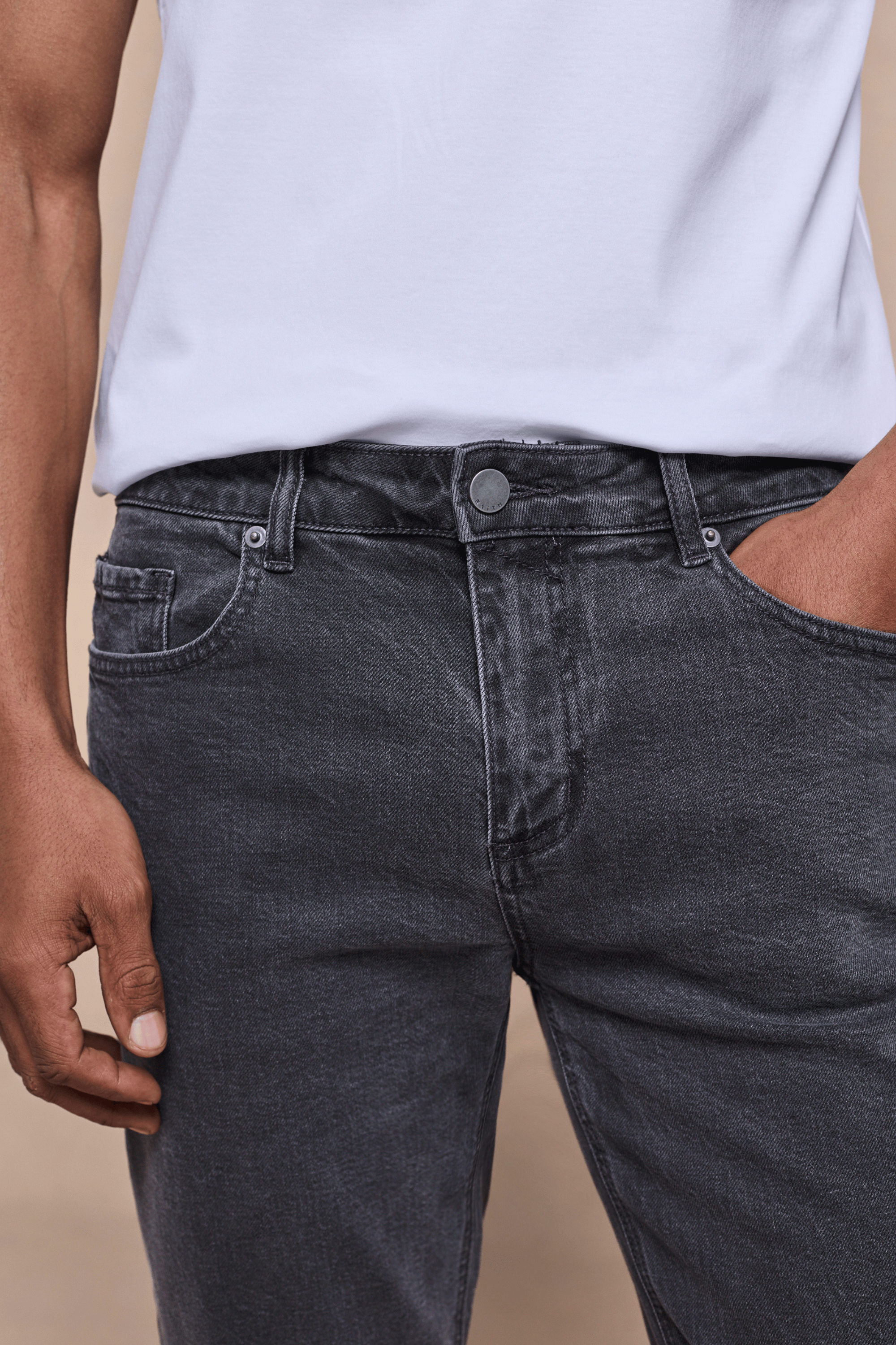 Men's Marco Washed Jean in Washed Grey, featuring a straight-slim fit, button fly, and branded hardware.