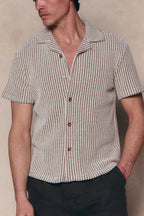 Marcos white/brown patterned waffle short sleeve shirt with open collar and button-through front.