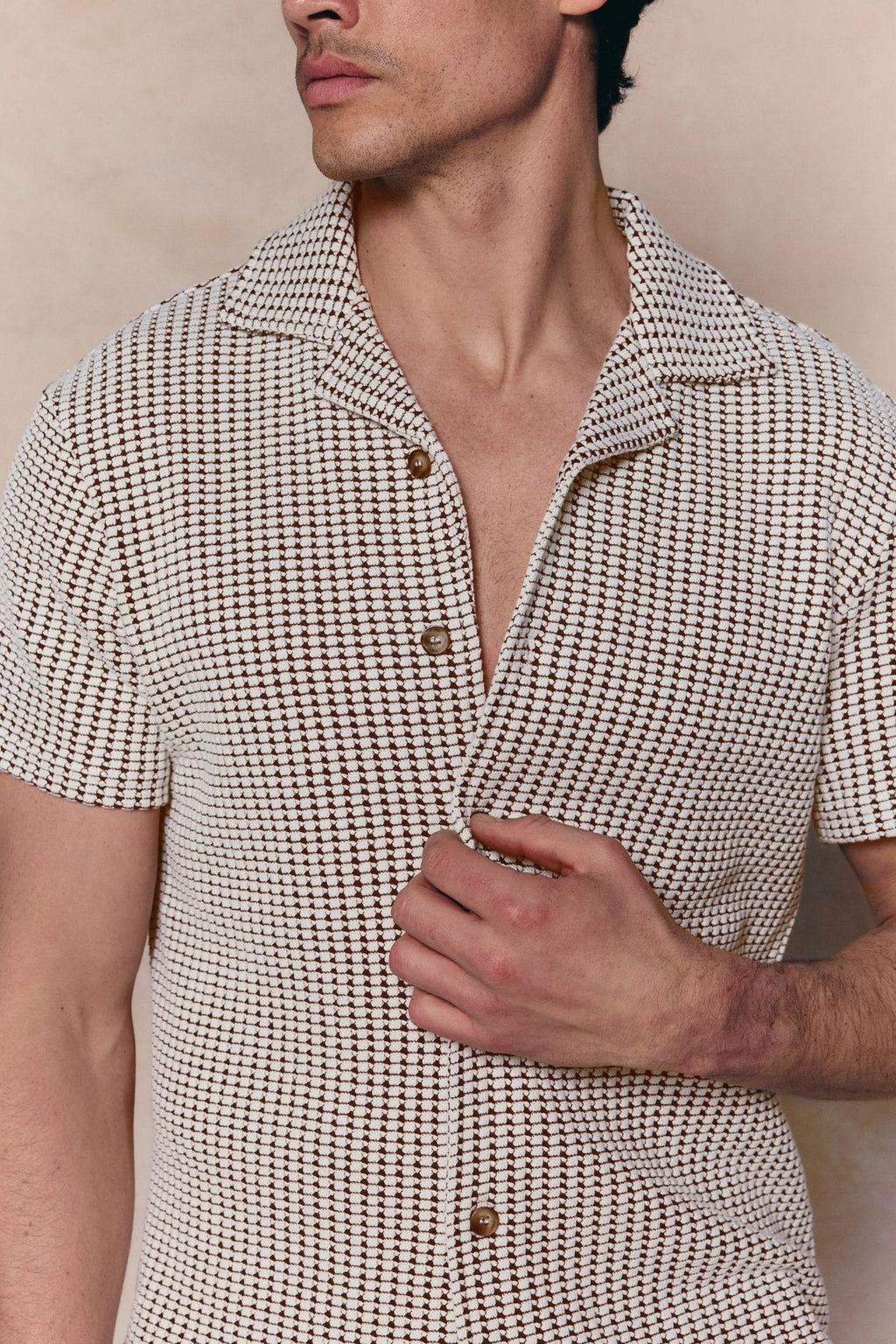 Marcos white/brown patterned waffle short sleeve shirt with open collar and button-through front.