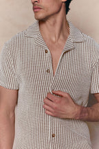 Marcos white/brown patterned waffle short sleeve shirt with open collar and button-through front.