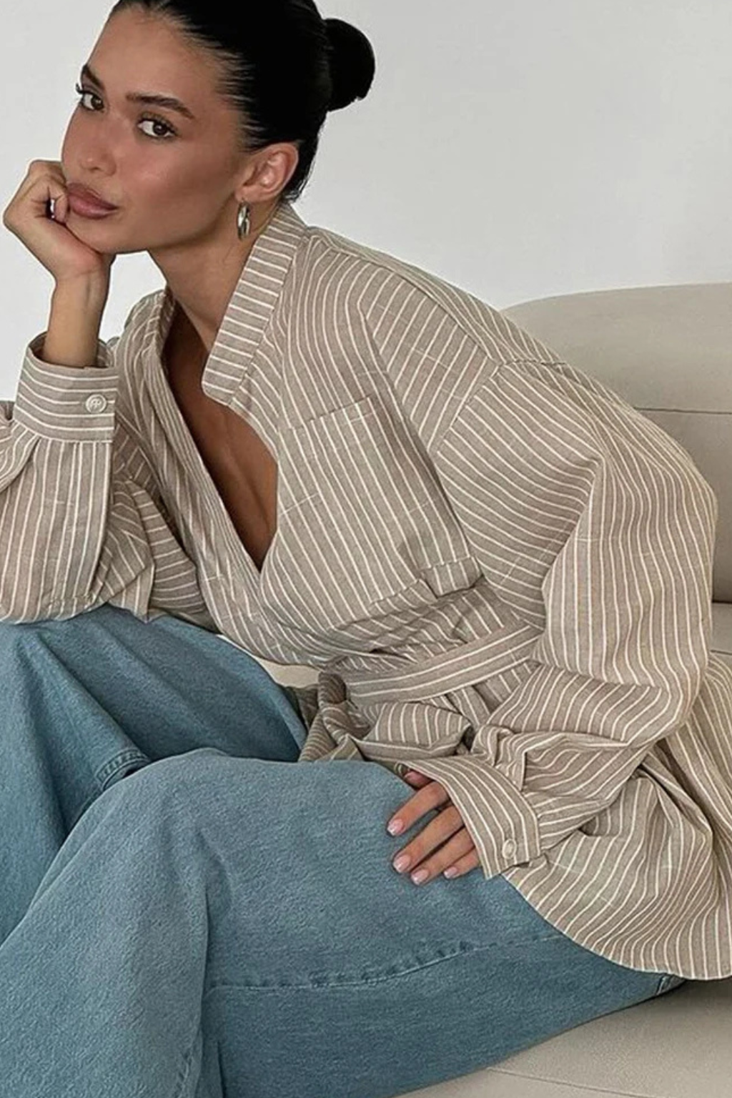 Maren | Women Stand Collar Long Sleeve Belted Striped Shirt