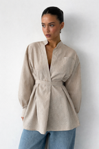 Maren | Women Stand Collar Long Sleeve Belted Striped Shirt