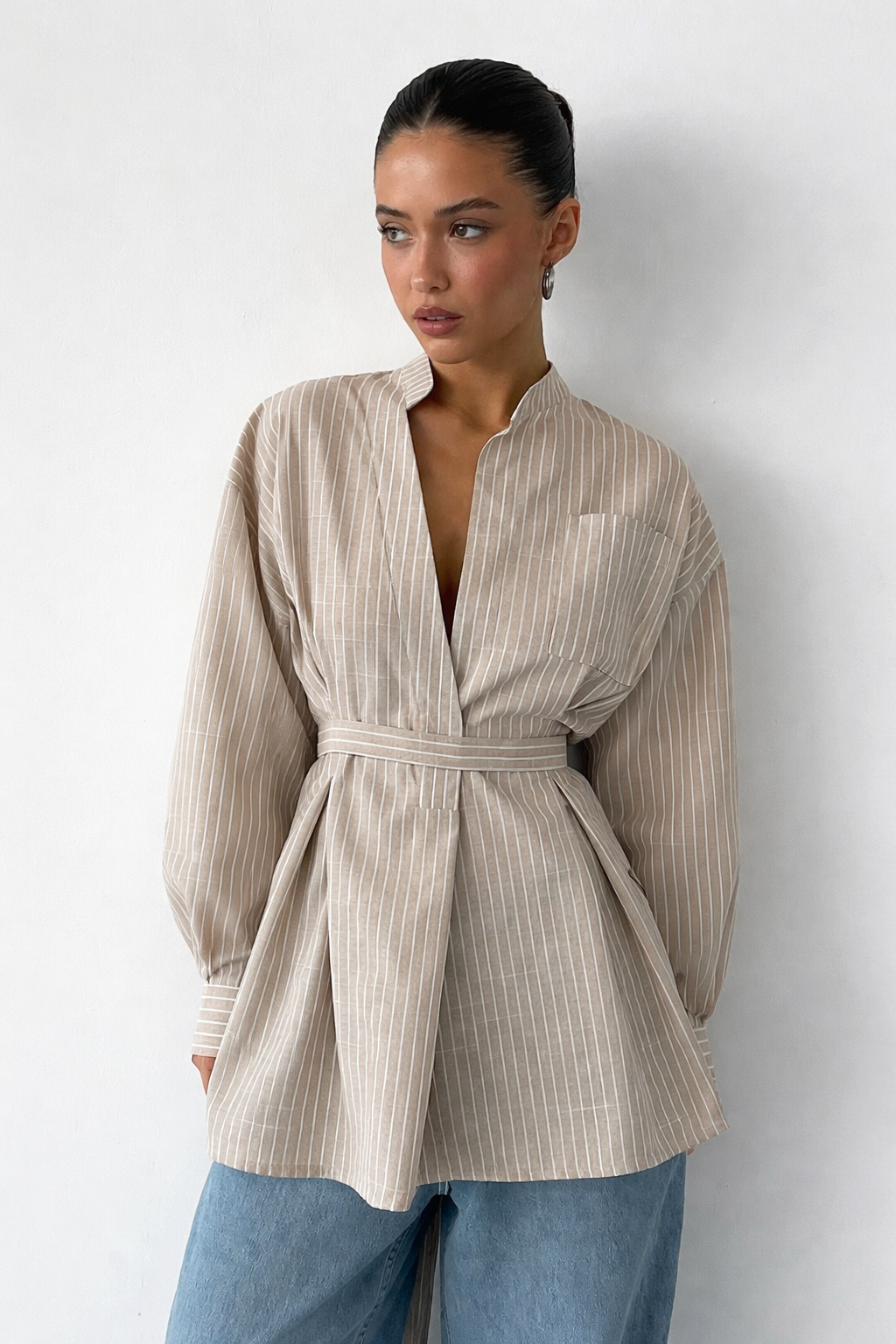 Maren | Women Stand Collar Long Sleeve Belted Striped Shirt
