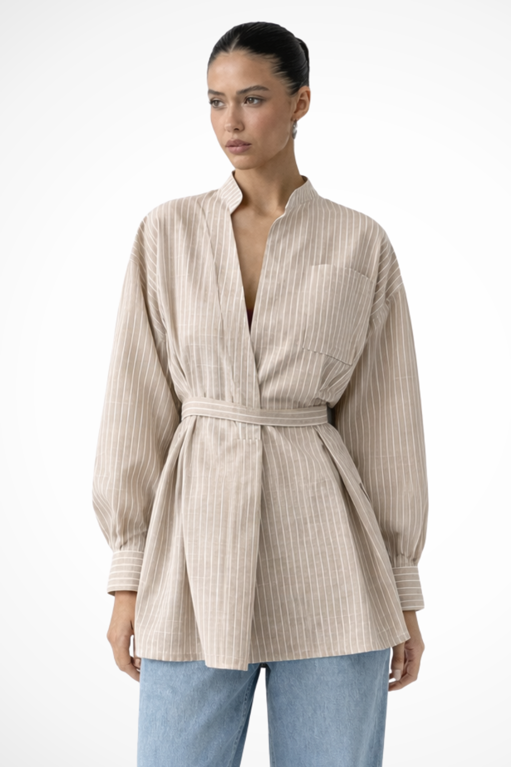 Maren | Women Stand Collar Long Sleeve Belted Striped Shirt